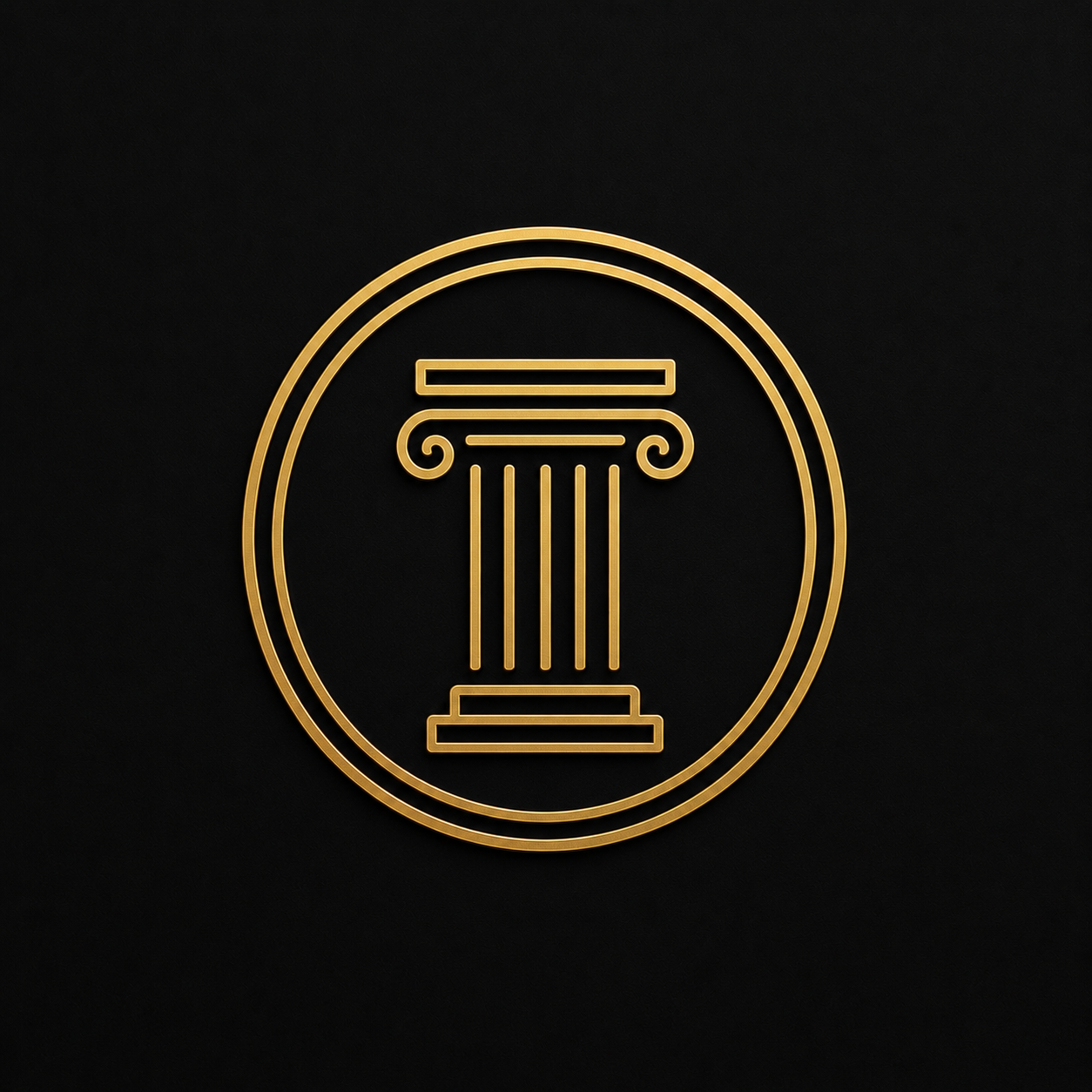 Gold illuminated outline of a classical column inside a gold circles on a black background.