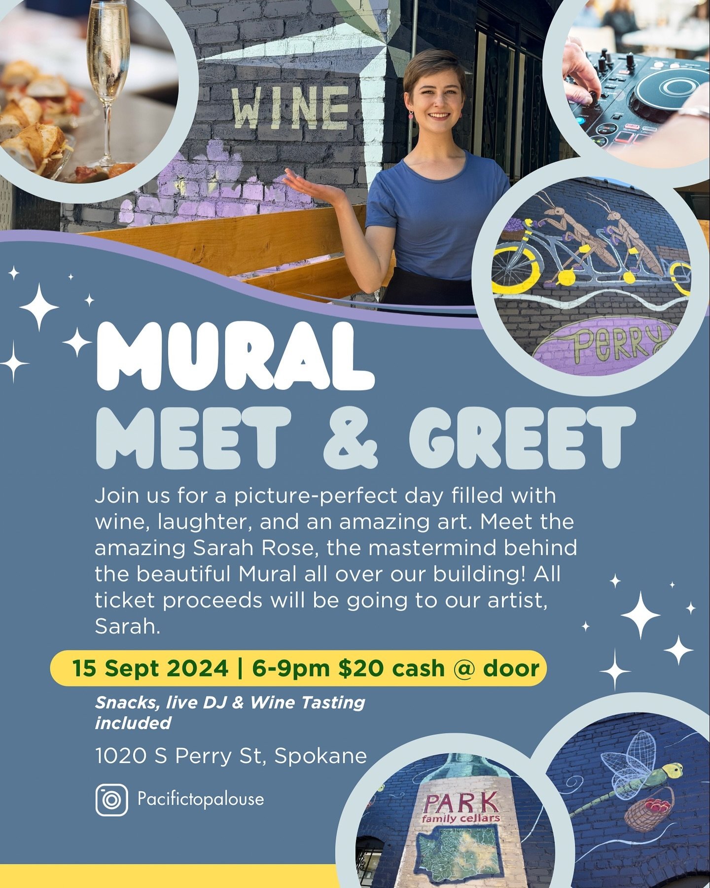 Join me tomorrow at @pacifictopalouse Wine Bar from 6-9pm to celebrate the completion of my first mural! 🥳 This is the largest project I&rsquo;ve ever worked on and my first contribution to Public Art in Spokane. 

Several amazing friends &amp; arti
