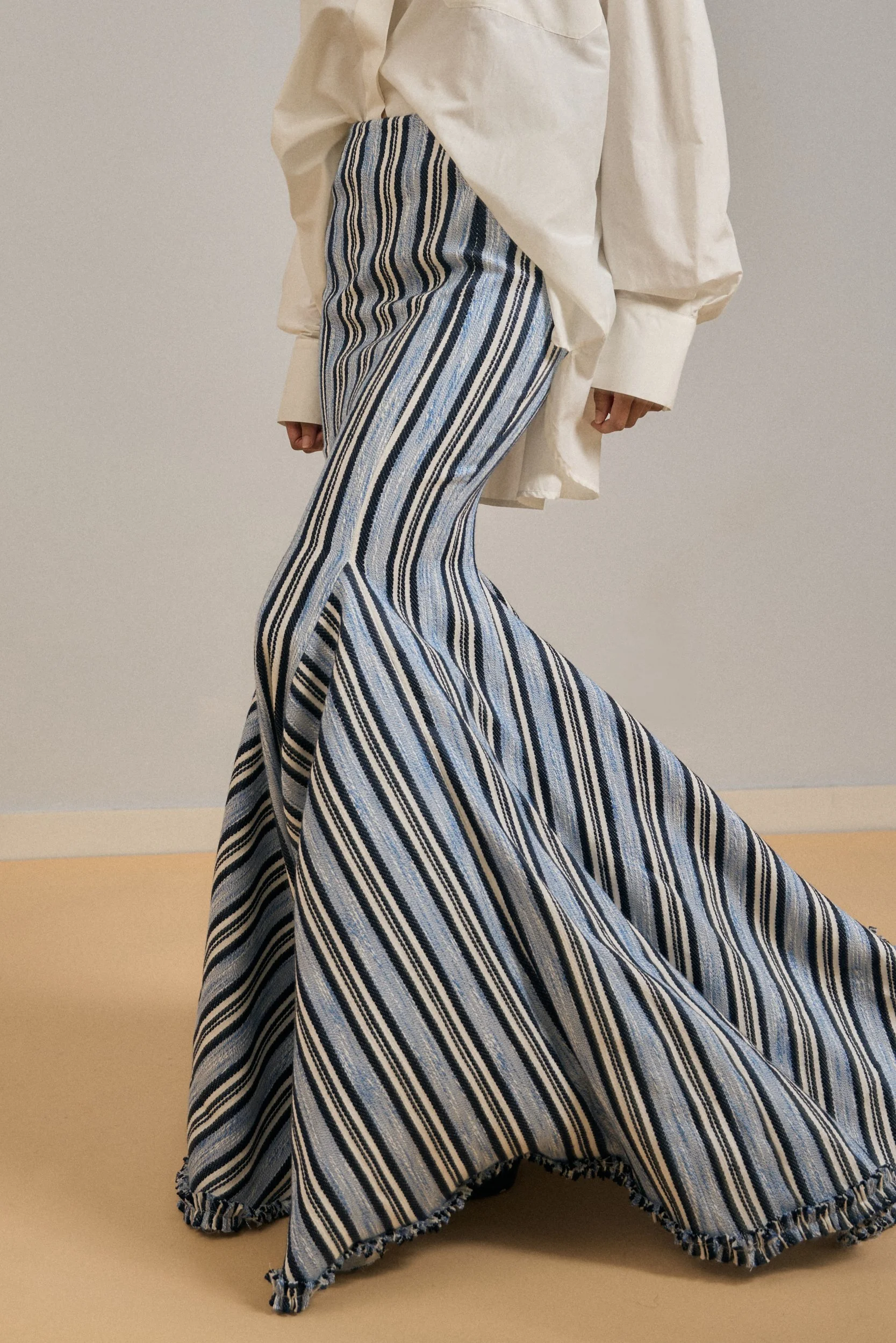 "Optica" Maxi Mermaid Skirt with Fringed Hem Applique in Cotton Viscose Jacquard