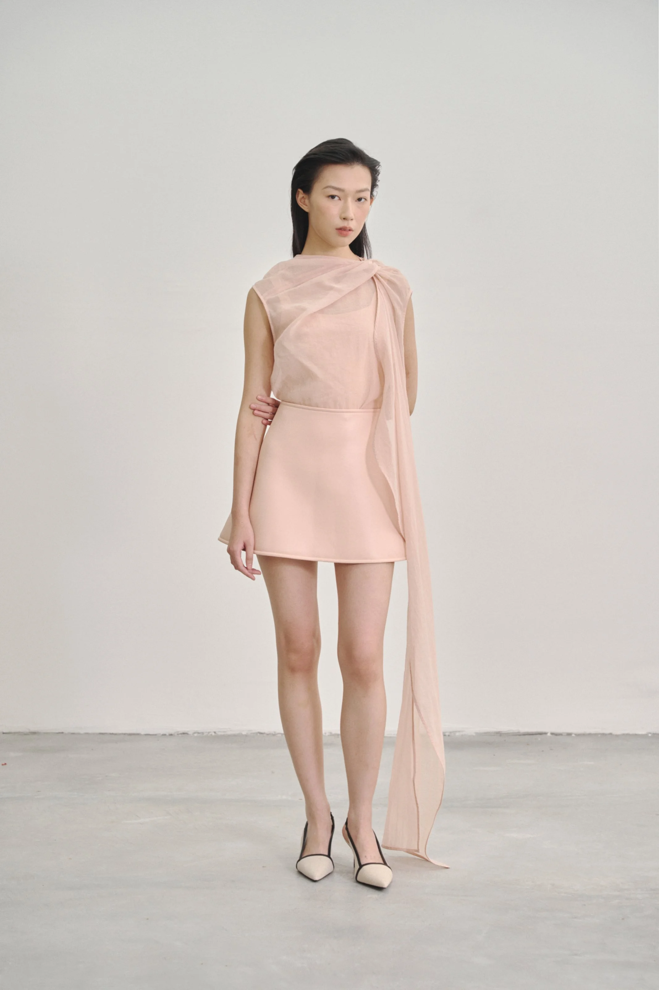 Pale Pink 'Twisted Knot' Tunic with Long Shawl in Textured Voile