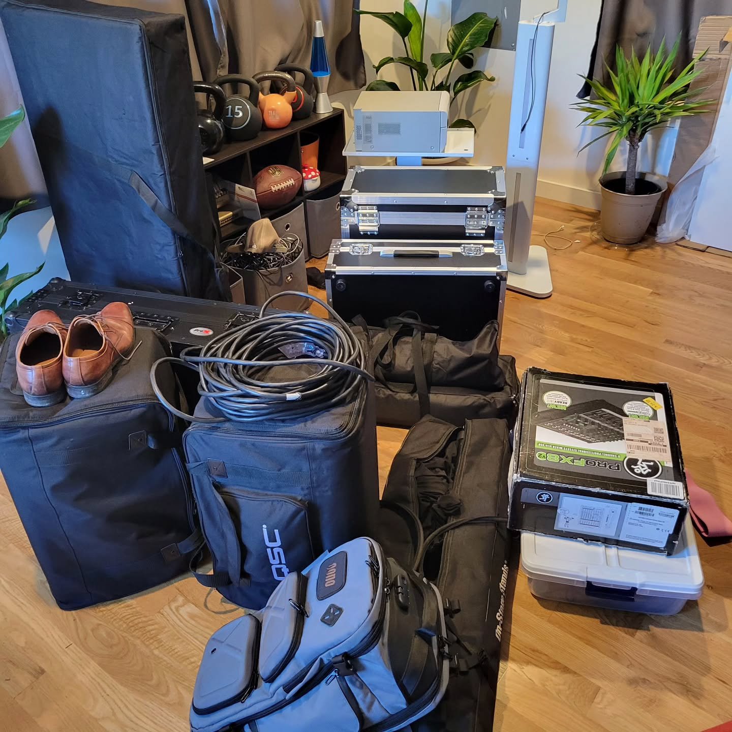 What my living room looks like before a gig, and this is my light setup. We haul a lot of stuff. Give us a cookie or something