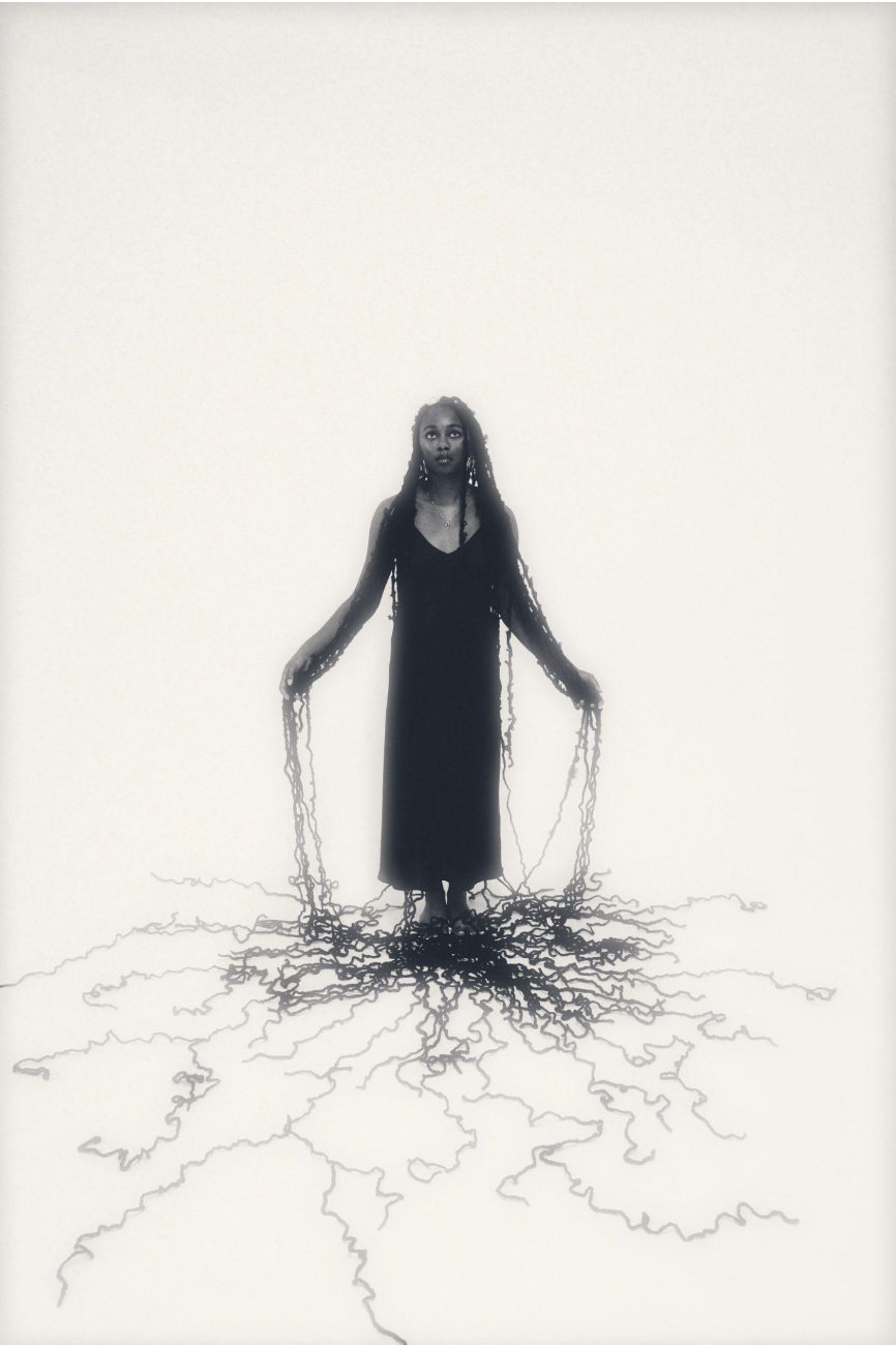 Inheritance
(36x48in):

Standing at the center of silence. A conduit between Earth and elsewhere. Her locs spill like ancestral roots: alive, reaching, remembering. Each one whispers a lineage, an unbroken line of women who have held, carried their s