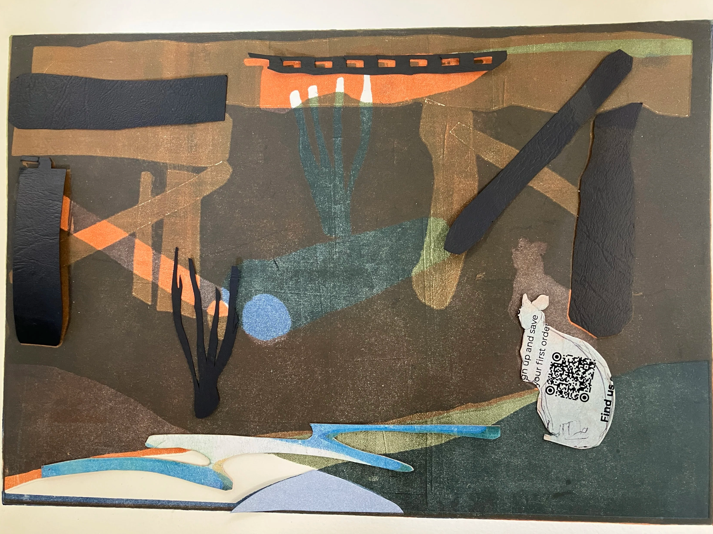 part of a print of bridge and kangaroo with stencils laid in place