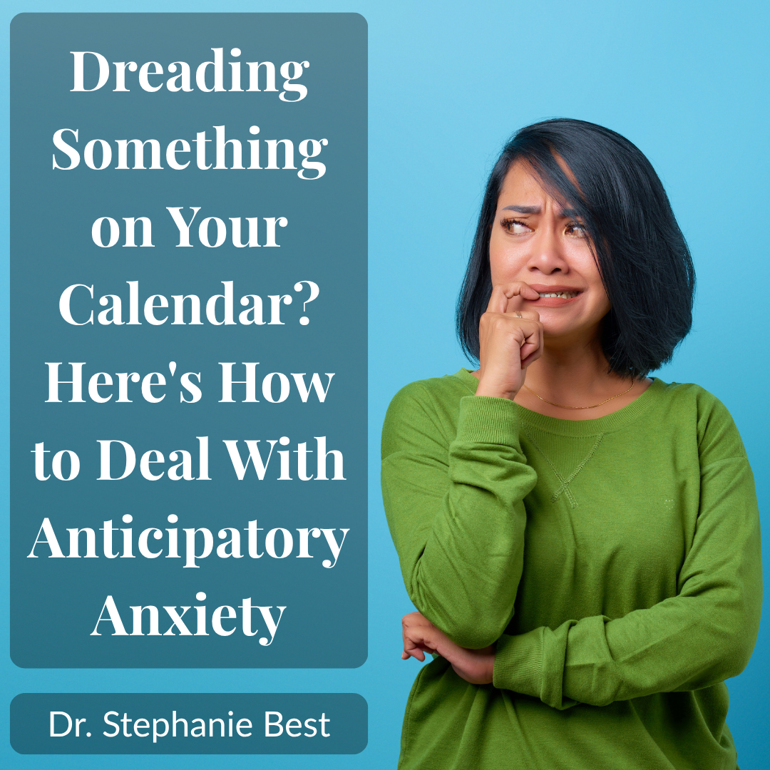 Woman in a green sweater biting her fingernail and glancing sideways with a worried look, illustrating how to deal with anticipatory anxiety