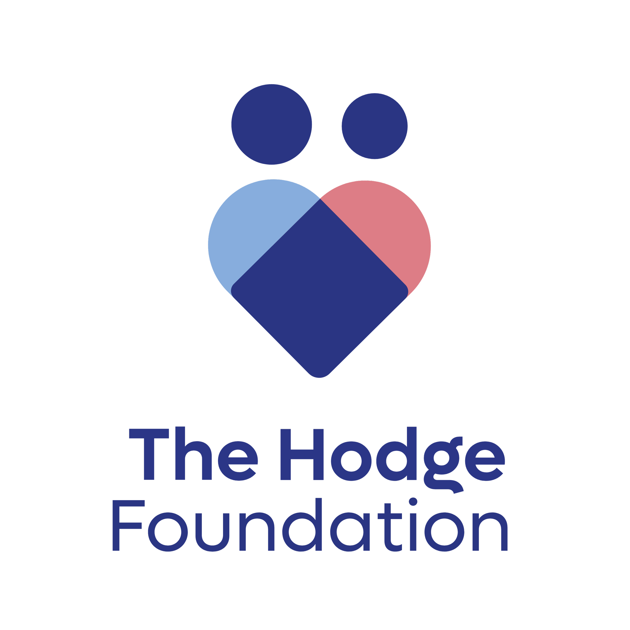 Logo of The Hodge Foundation, featuring a stylized heart with two figures above it in blue and pink, with the foundation's name written below in blue text.
