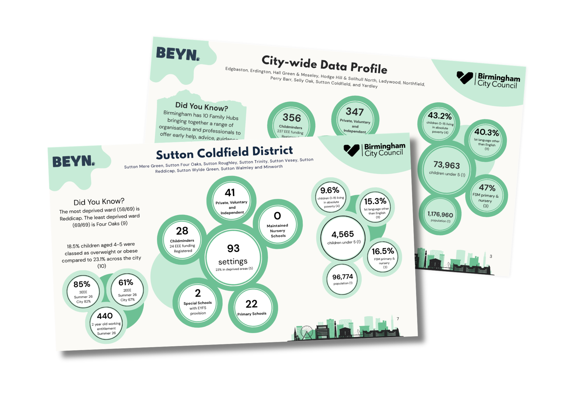 Graphic mock-up showing the Sutton Coldfield District Data Profile and City-wide Data Profile