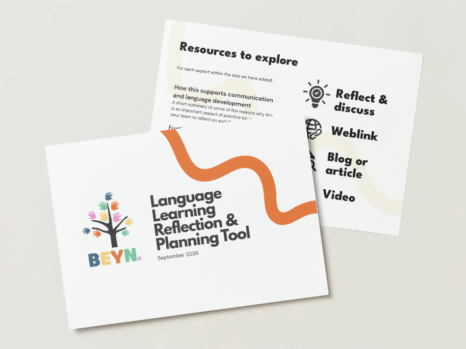 Graphic flat-lay of the front page and one other page of the BEYN Language Learning Reflection & Planning tool