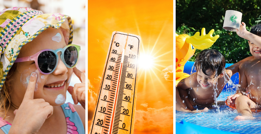 Collage of three photos representing sun safety, heat safety and water safety for young children.