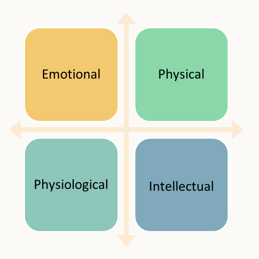 A simple diagram showing the types of transitions in four boxes along a cross axis: Emotional (top left), Physical (top right), Physiological (bottom left), Intellectual (bottom right)