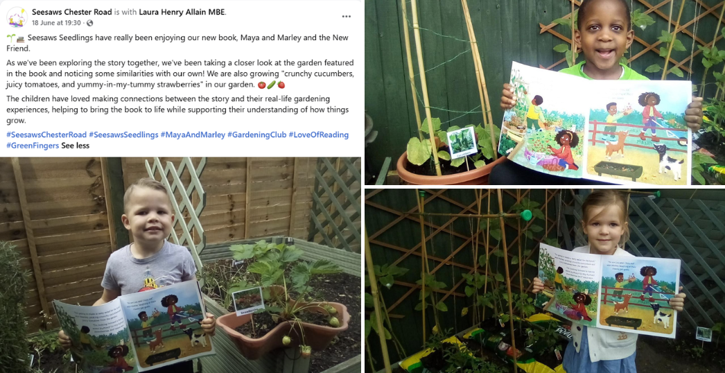 Collage of photos of children at Seesaws Nursery (Chester Road) exploring the story of Maya & Marley and the New Friend during Gardening Club