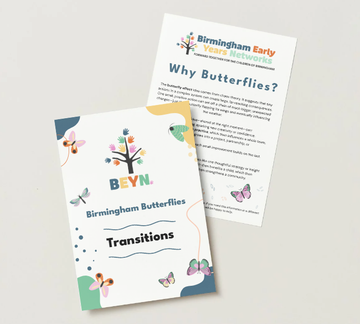 Graphic mock-up of the first two pages of our Birmingham Butterflies - Transitions resource