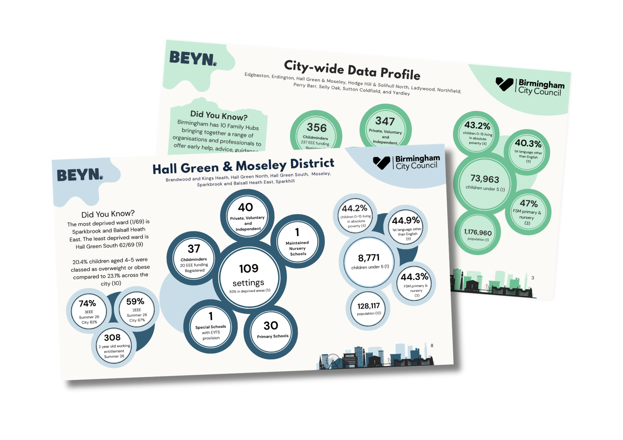 Graphic mock-up showing the Hall Green & Moseley District Data Profile and City-wide Data Profile