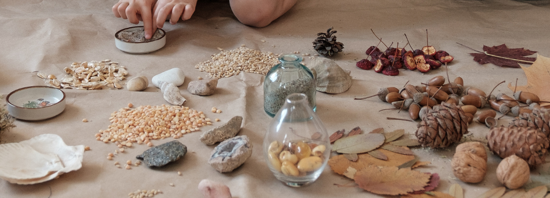 Close up photo of lots of different natural, loose parts materials