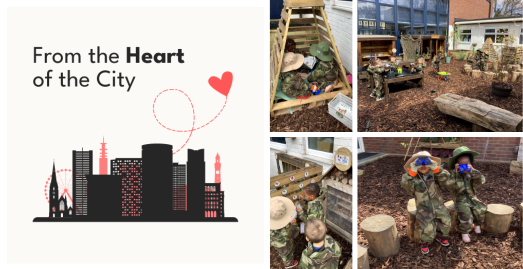 'From the Heart of the City' logo alongside a collage of photos of 'The Nest' at St Catherine of Siena Catholic Primary School (Nursery).