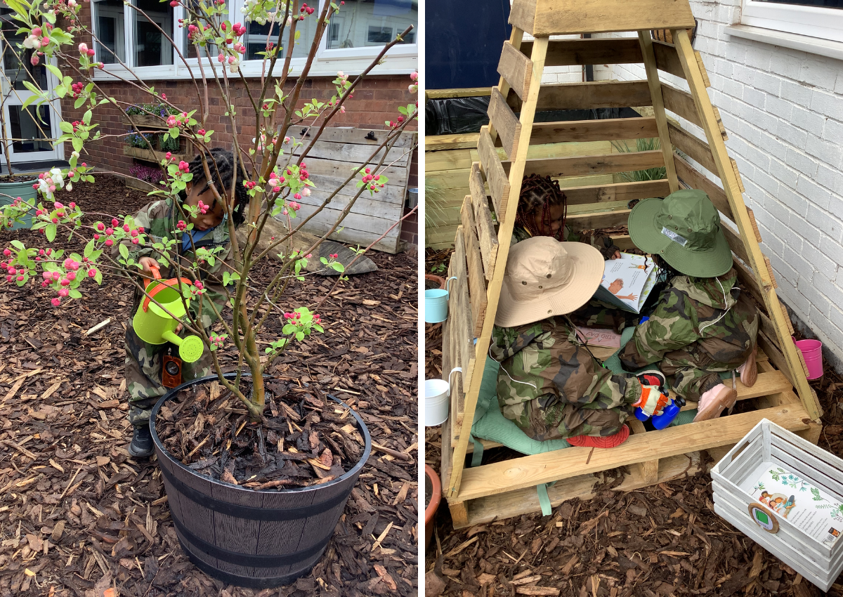 Collage of two photos showing young children using The Nest. Left: A child watering a large potted plant with a small, green, metal watering can. Right: Three children huddle together reading a book in a den/shelter made of pallet wood.