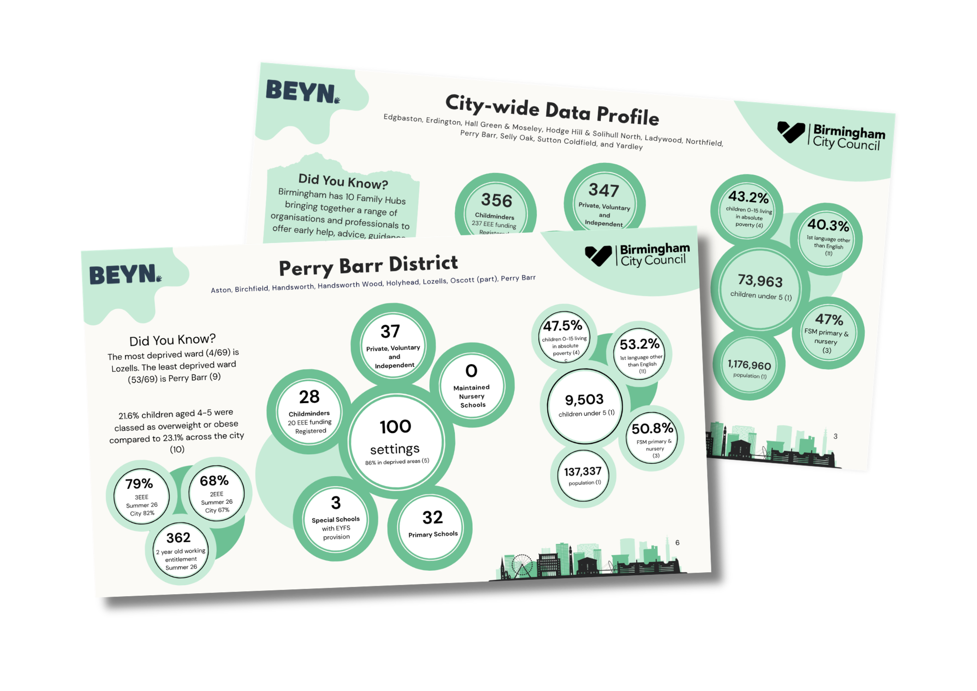 Graphic mock-up showing the Perry Barr District Data Profile and City-wide Data Profile