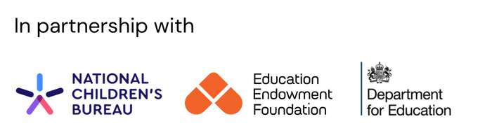 Text that says 'In partnership with' with the HEART partner logos underneath: NCB, EEF and DfE