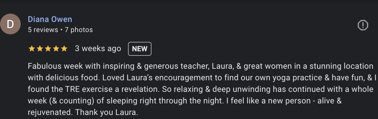 Screenshot of a Google review for Diana Owen, praising a yoga class and the instructor Laura.