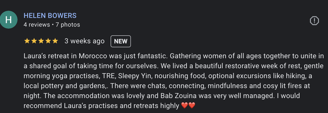 Screenshot of a Google review for Helen Bowers, describing her retreat in Morocco with activities like yoga, TRE, and nourishing food, and praising her accommodations and practices.