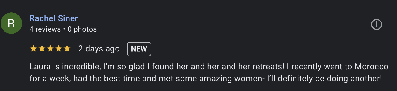 Reviewer's comment praising Laura, mentioning she is incredible and discussing a trip to Morocco.