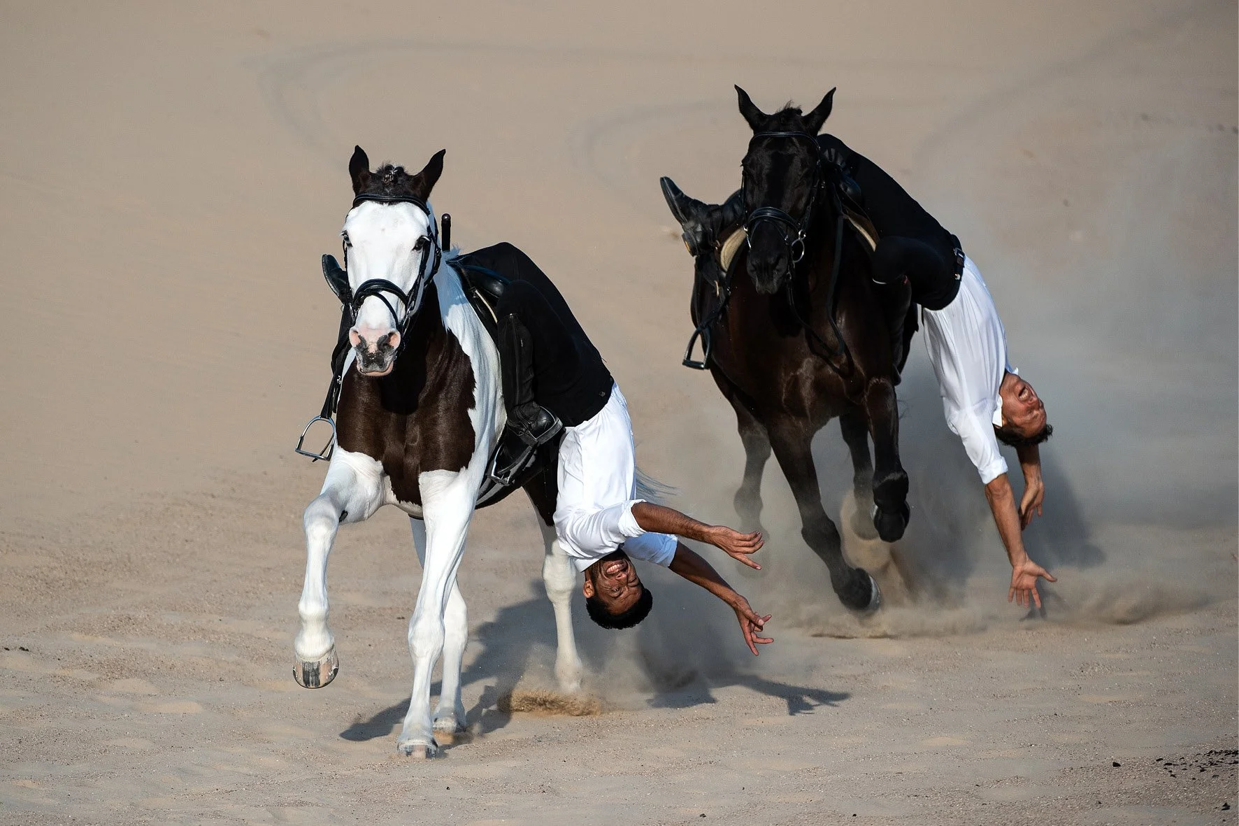 Two men performing tricks on horses, leaning towards the ground in a sandy environment.