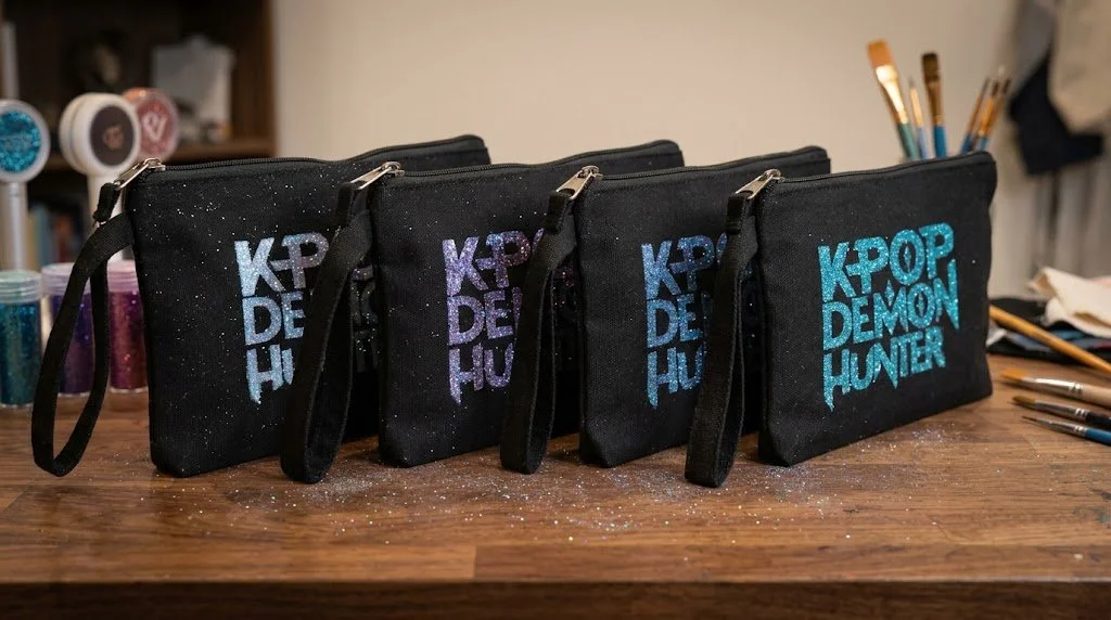 Black K-pop Demon Hunters-inspired zippered pencil pouches decorated for a kids birthday party