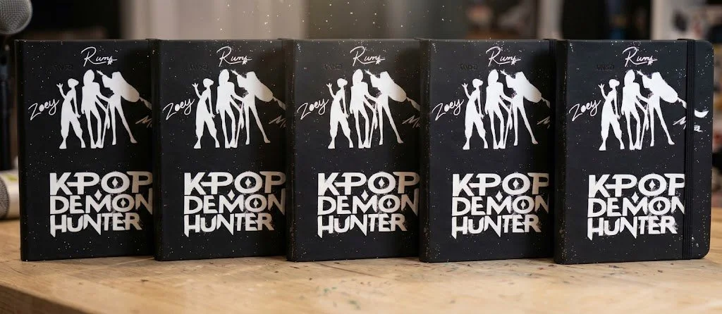 K-pop Demon Hunters-inspired decorated book covers created at a Luna de Papel birthday party