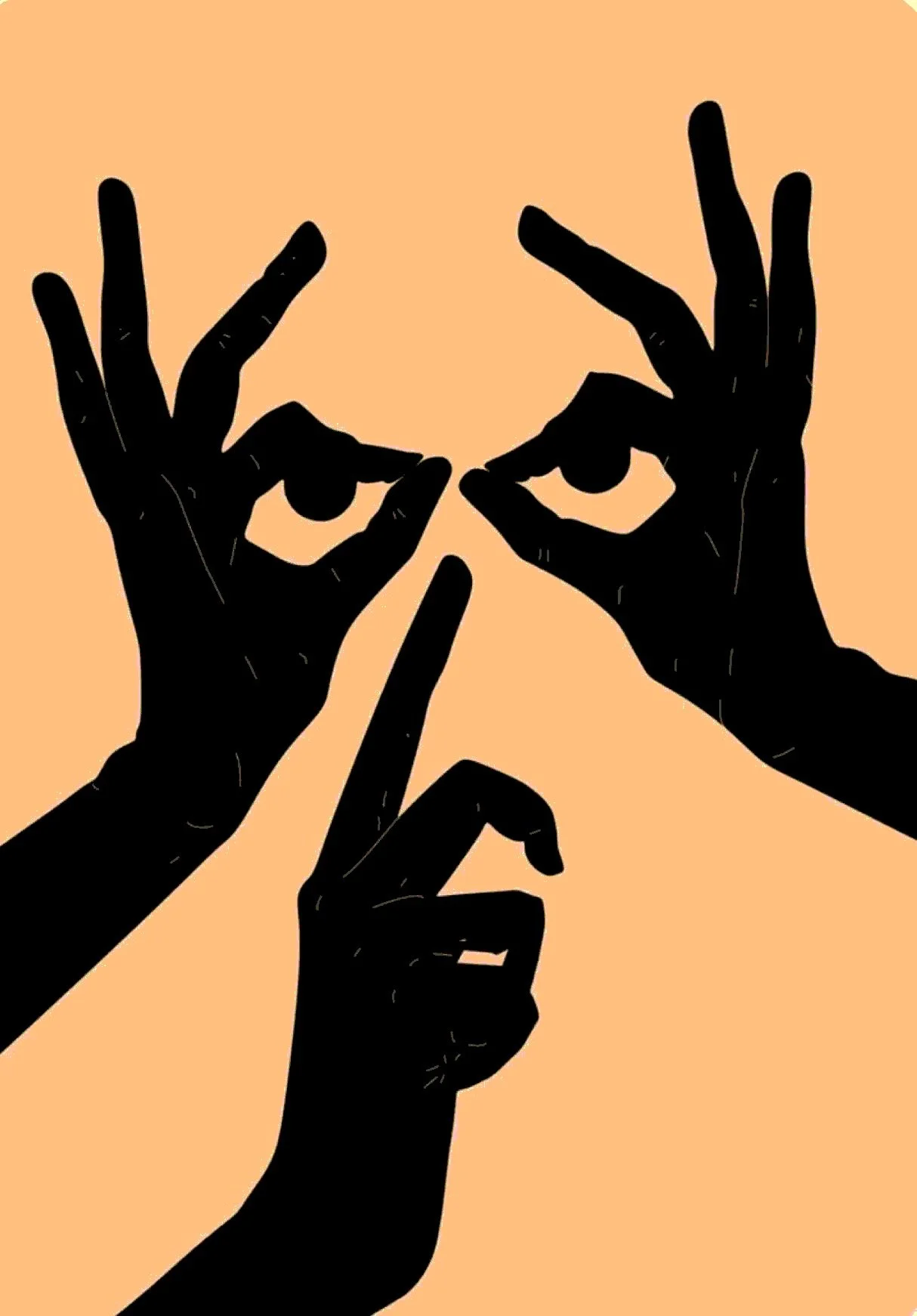 Silhouette of several hands making the 'OK' sign and a finger pointing upward, set against a peach-colored background.