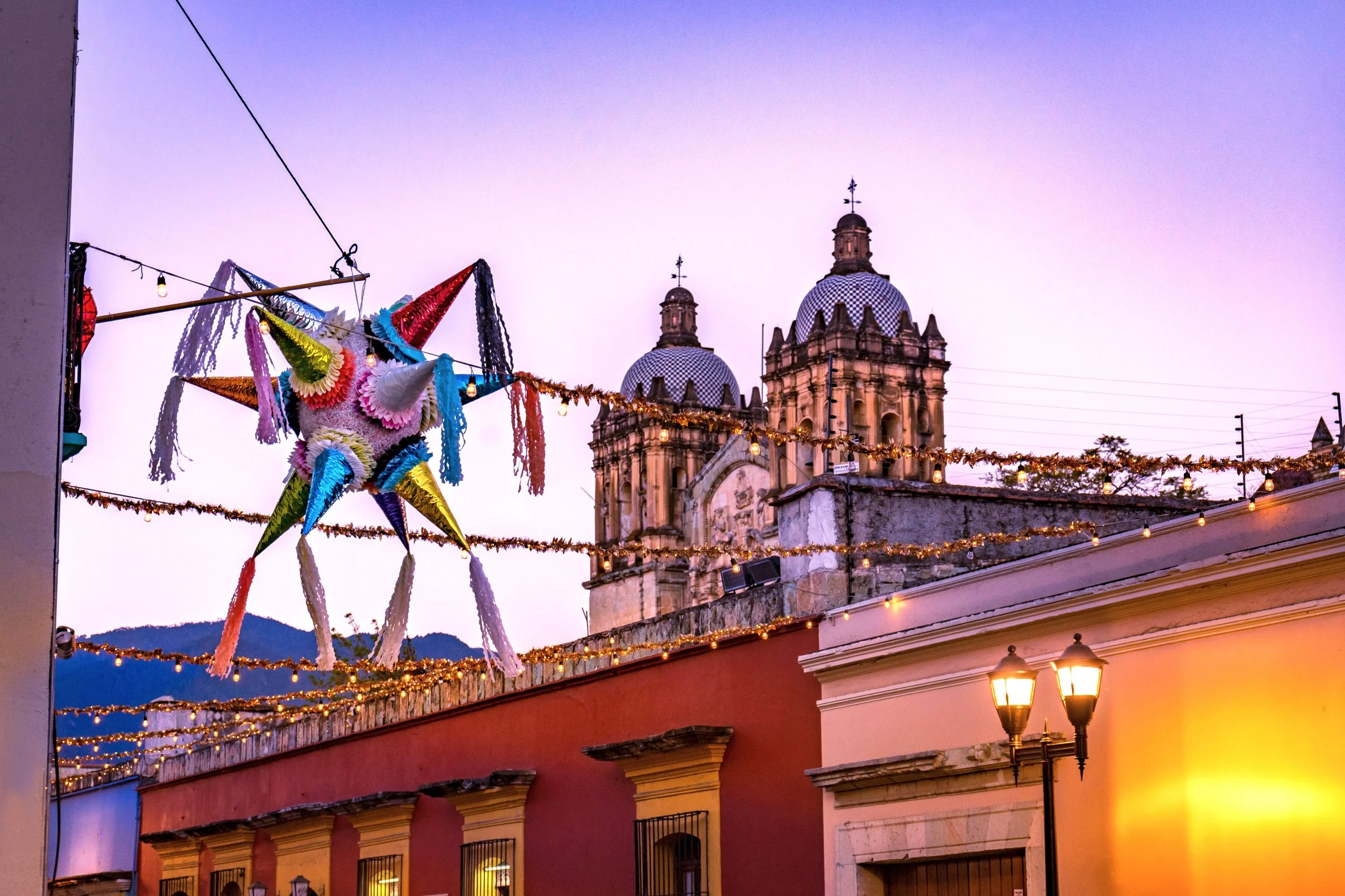 A view of a building in Oaxaca de Juarez with traditional decorations