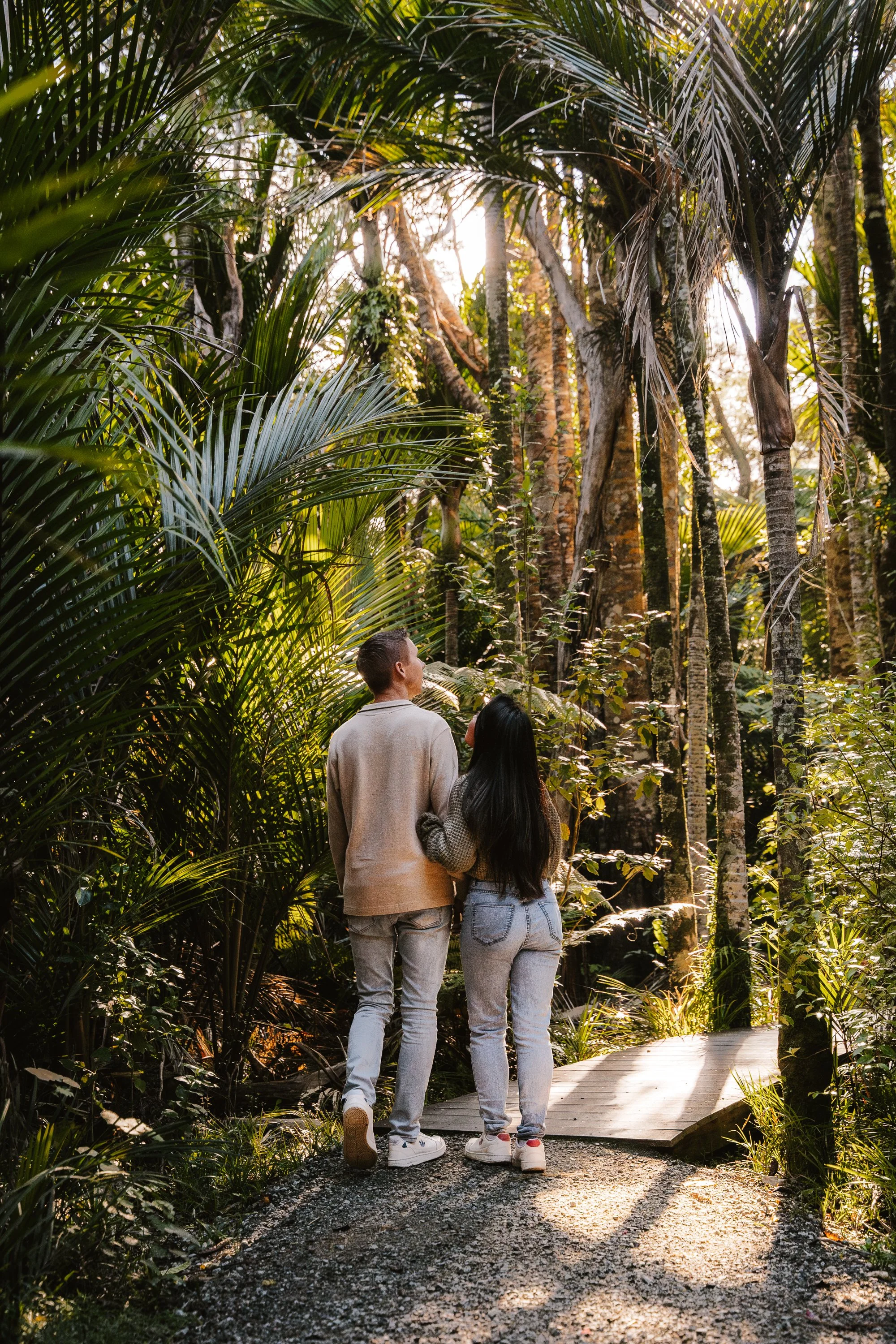 A young couple walks along a wooden trail in a dense, lush green tropical forest, holding hands and enjoying the sunshine filtering through the trees.