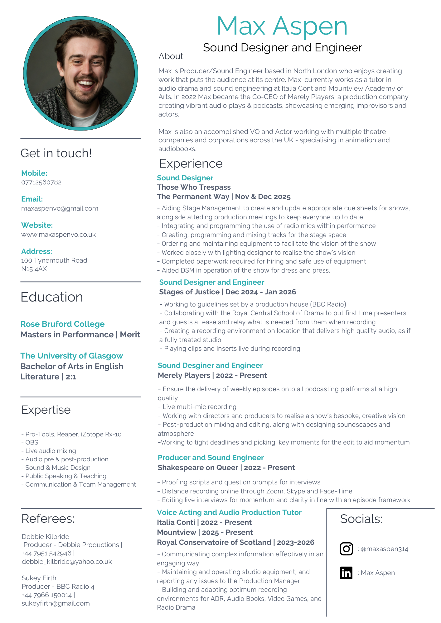 An image of a professional Sound Engineering CV, including experience in live production and mixing, and engineering for multiple podcasts.