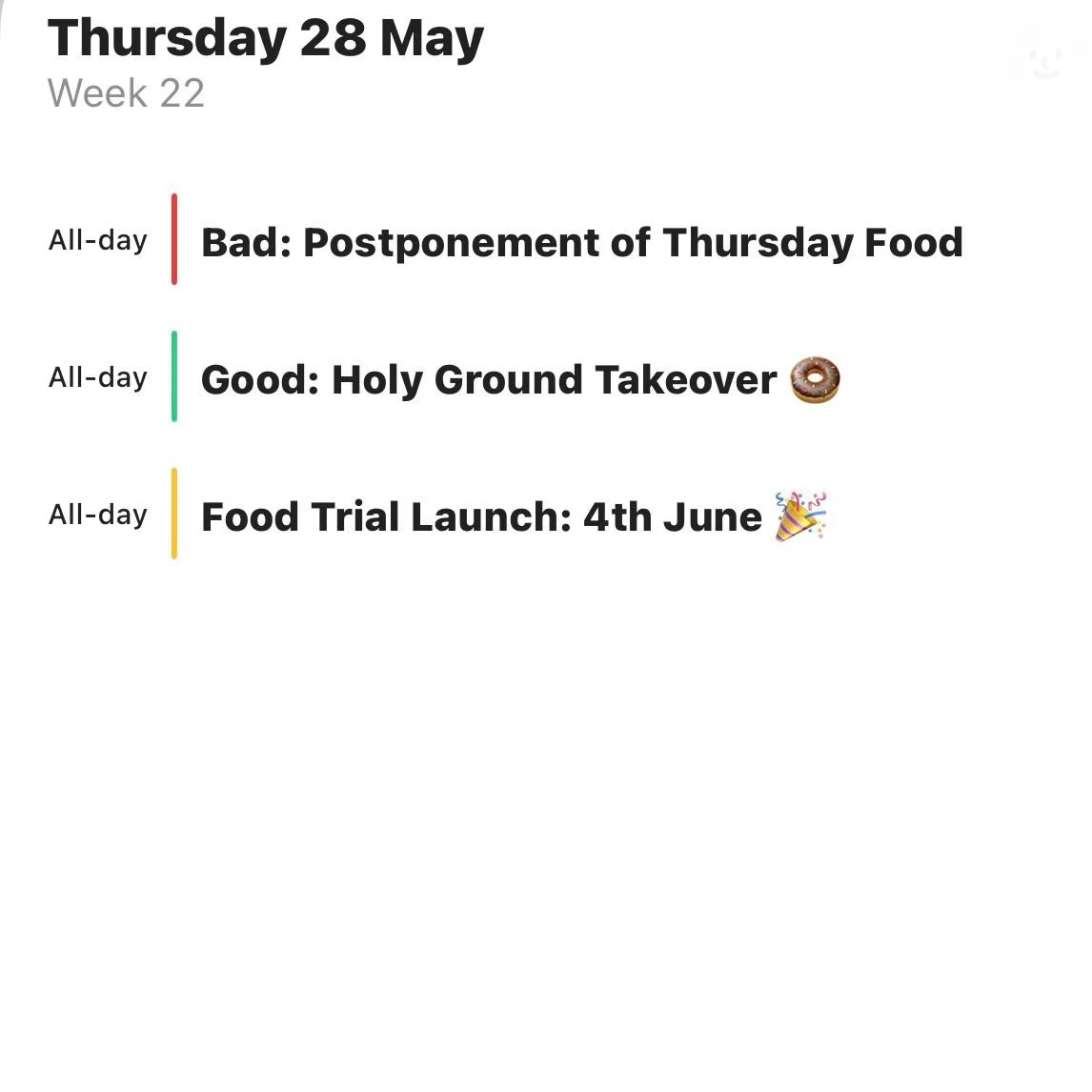 Update your diaries!!! 

Unfortunately we&rsquo;re delaying our Thursday Night food trial BUT fear not because we&rsquo;ll be ordering @holygrounds_ doughnuts in to keep up with our Half Term takeovers! 

So next Thursday: Doughnut Day 
The following