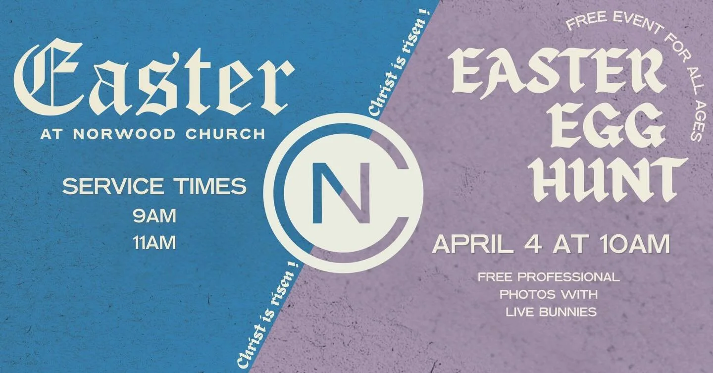 We are so excited for Easter at Norwood Church! 

Mark your calendars for:
- Church on Easter Sunday!!💒
- FREE Easter egg hunt with live bunny photos🐇🌷