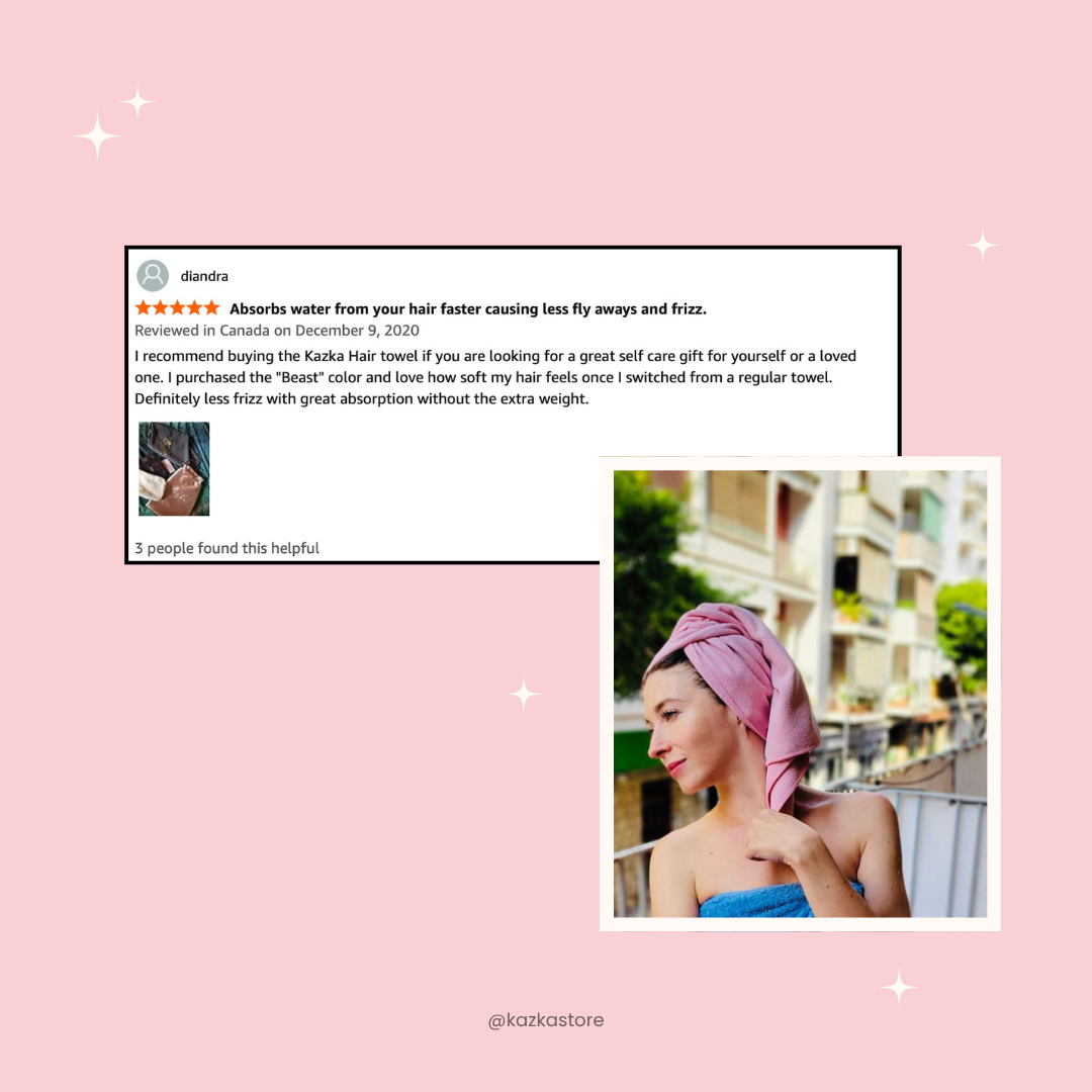 Customer review for a KAZKA microfibre towel. A woman with a pink towel wrapped around her head, standing outdoors on a balcony, with a blurred building and trees.  in the background.