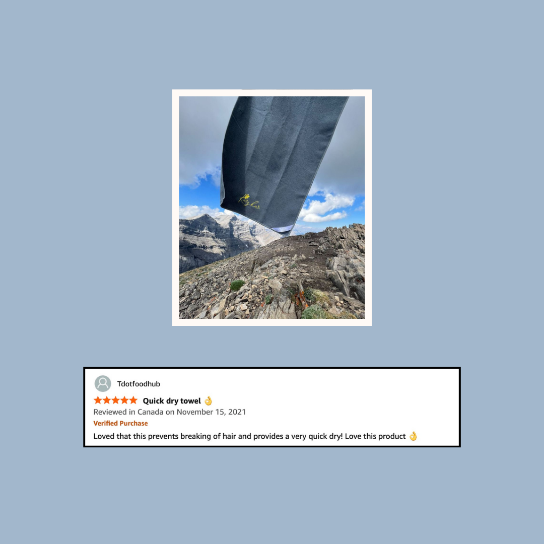 Customer review for a KAZKA microfibre towel, featuring a photo of the dry grey towel against a mountain landscape.