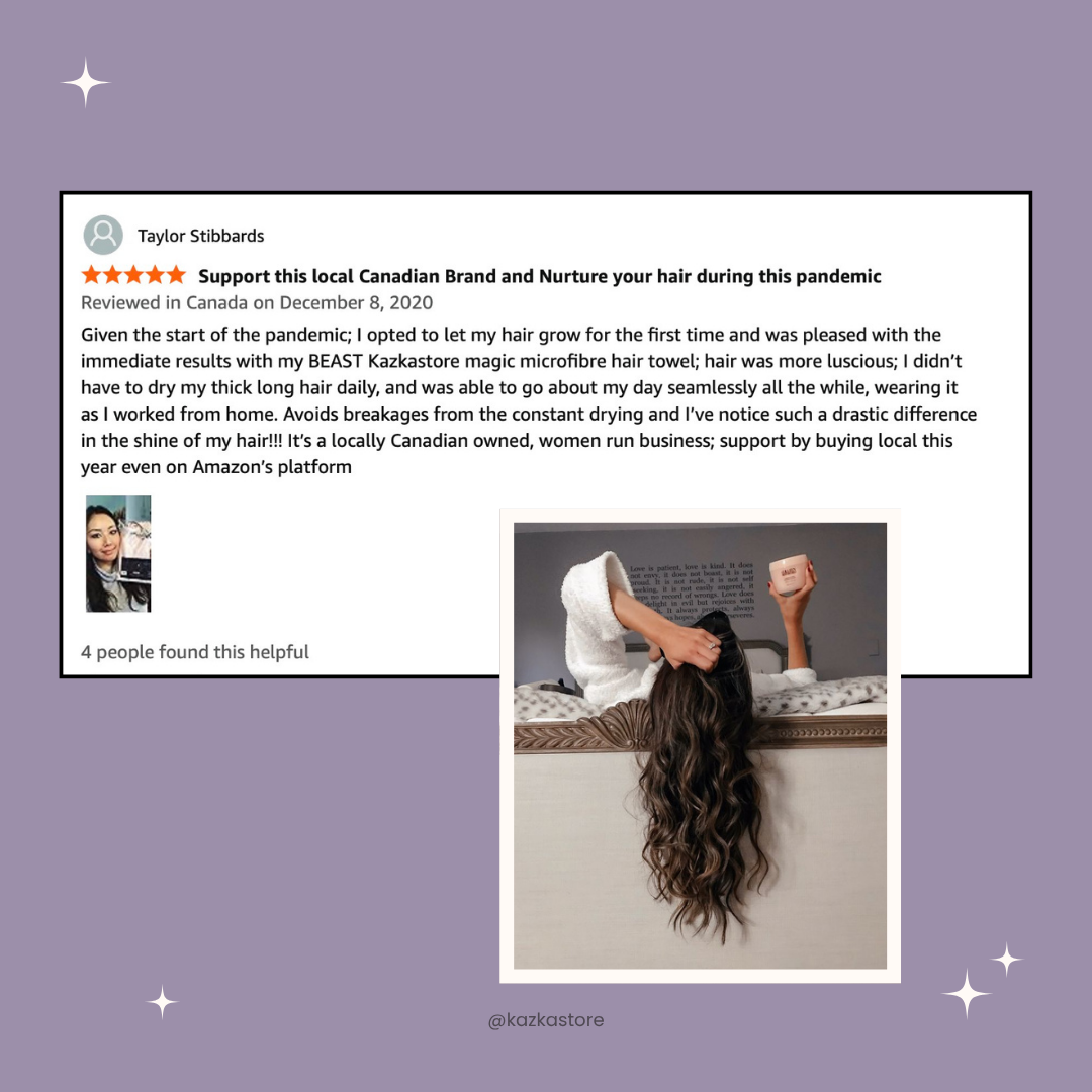 Customer review photo of a woman in a white bathrobe , showing her beautifully soft, frizz free hair after she used KAZKA microfibre hair towel. 