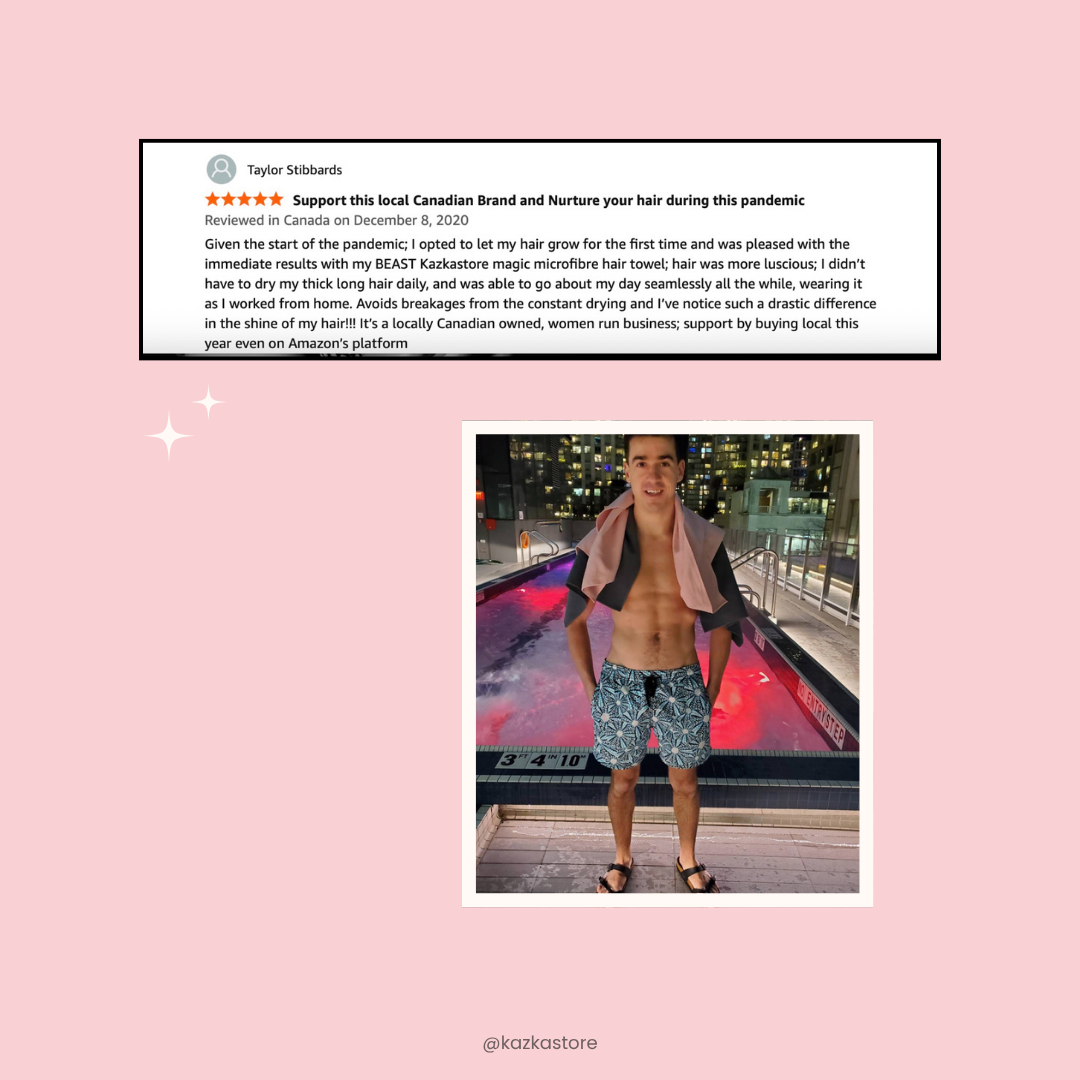 Customer review photo of a man with a KAZKA towel draped over his shoulders poolside at night.
