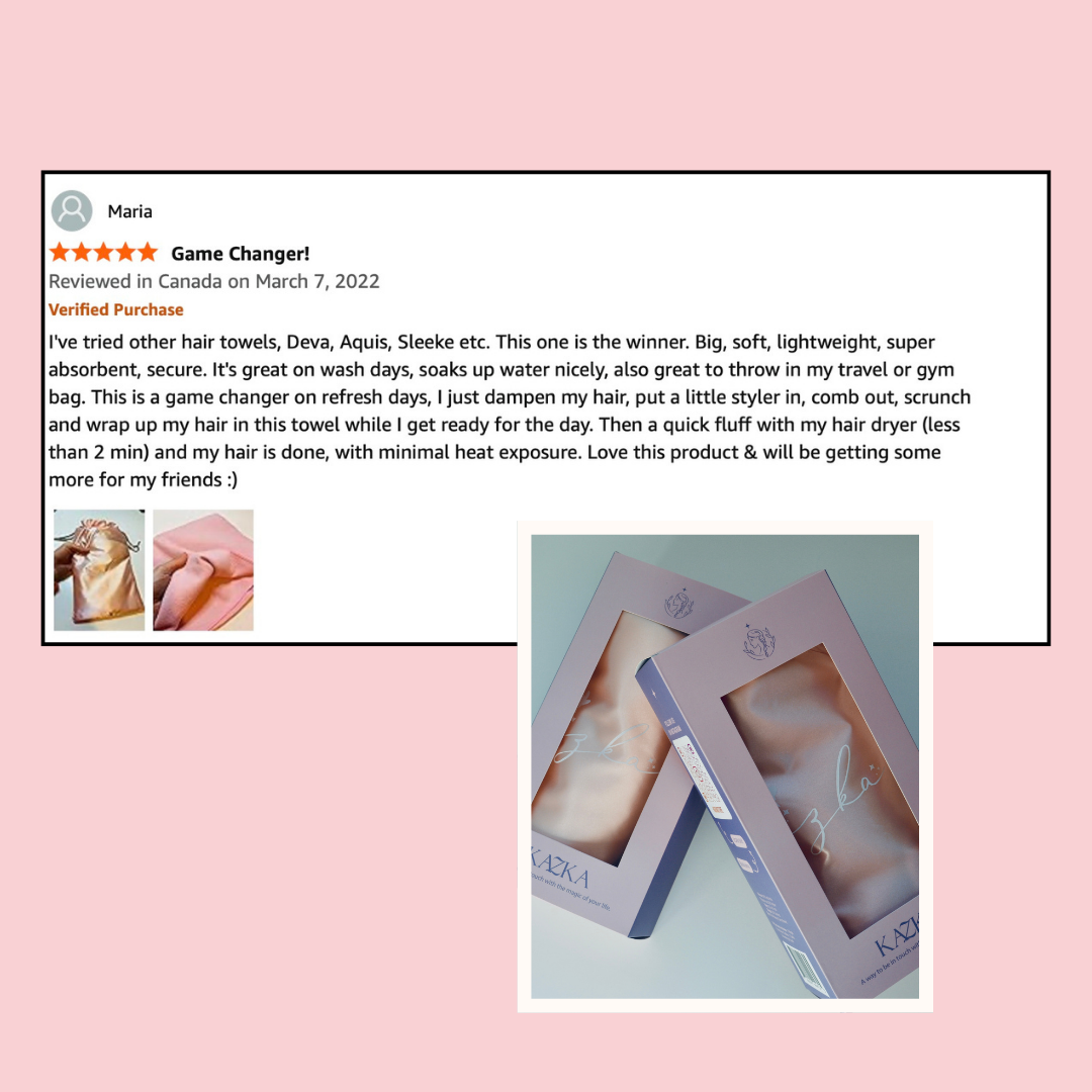 A screenshot of a product review for a hair towel, featuring two small images of the towel in pink and a larger picture of the product packaging with the towel inside a box.