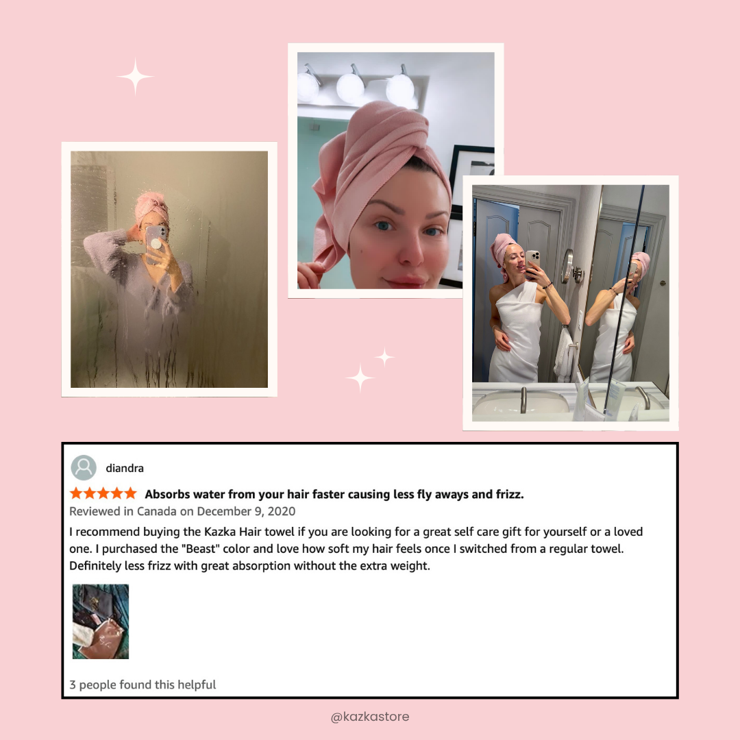 Customer review collage for a KAZKA microfibre hair towel, showing  three woman using the pink towel in mirror selfies.