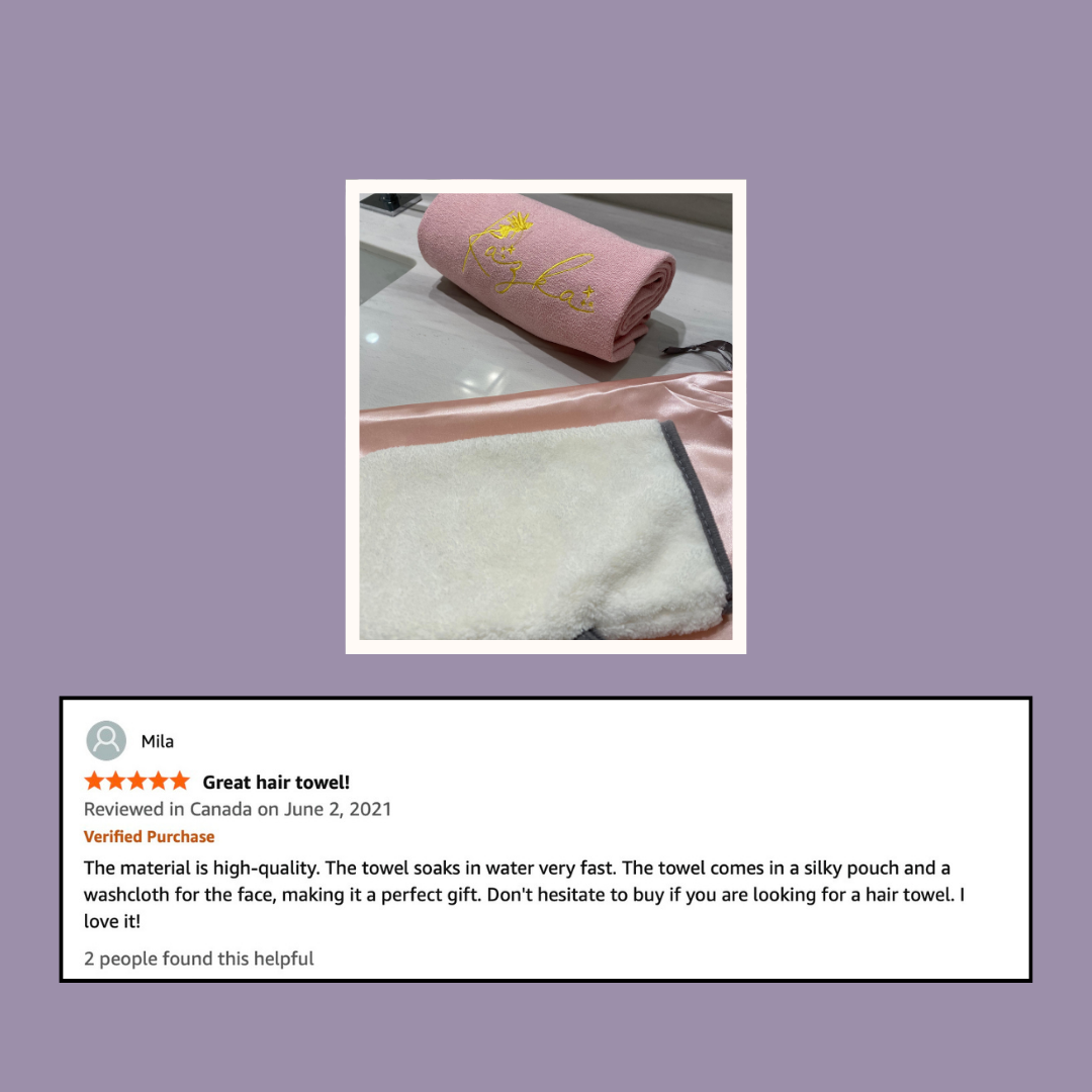Customer review showing Microfibre Kazka hair towel in pink, white , soft face mitt  and sating pink drawstring bag that comes with towel for limited time only. Unboxing photo