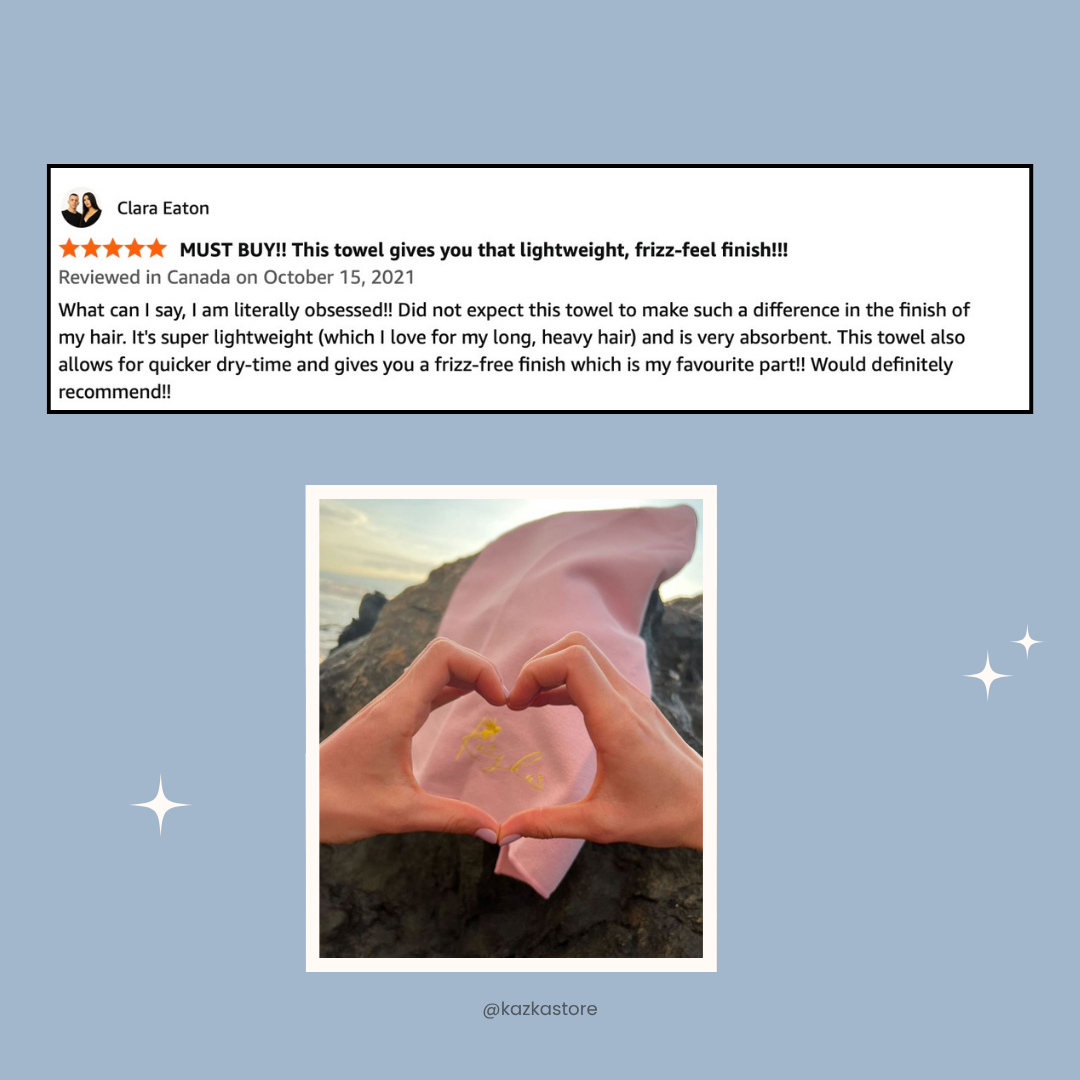 Customer photo of a woman wearing a KAZKA hair towel outdoors with mountains in the
background, alongside her product review. A person is forming a heart shape with their hands in front of a pink towel draped over rocks at the beach during sunset.