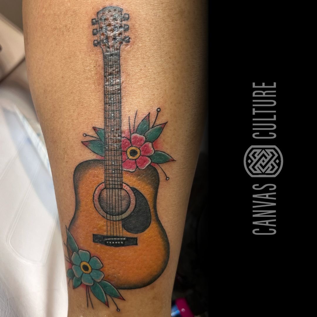 Did this guitar for Sheila in memory of her dad... I love it so much. #tattoo #tattooed #tattooshop #tattooartist #guitartattoo #guitartattoos #tattoo #wilmington #nctattooers #girlswhotattoo #gotink