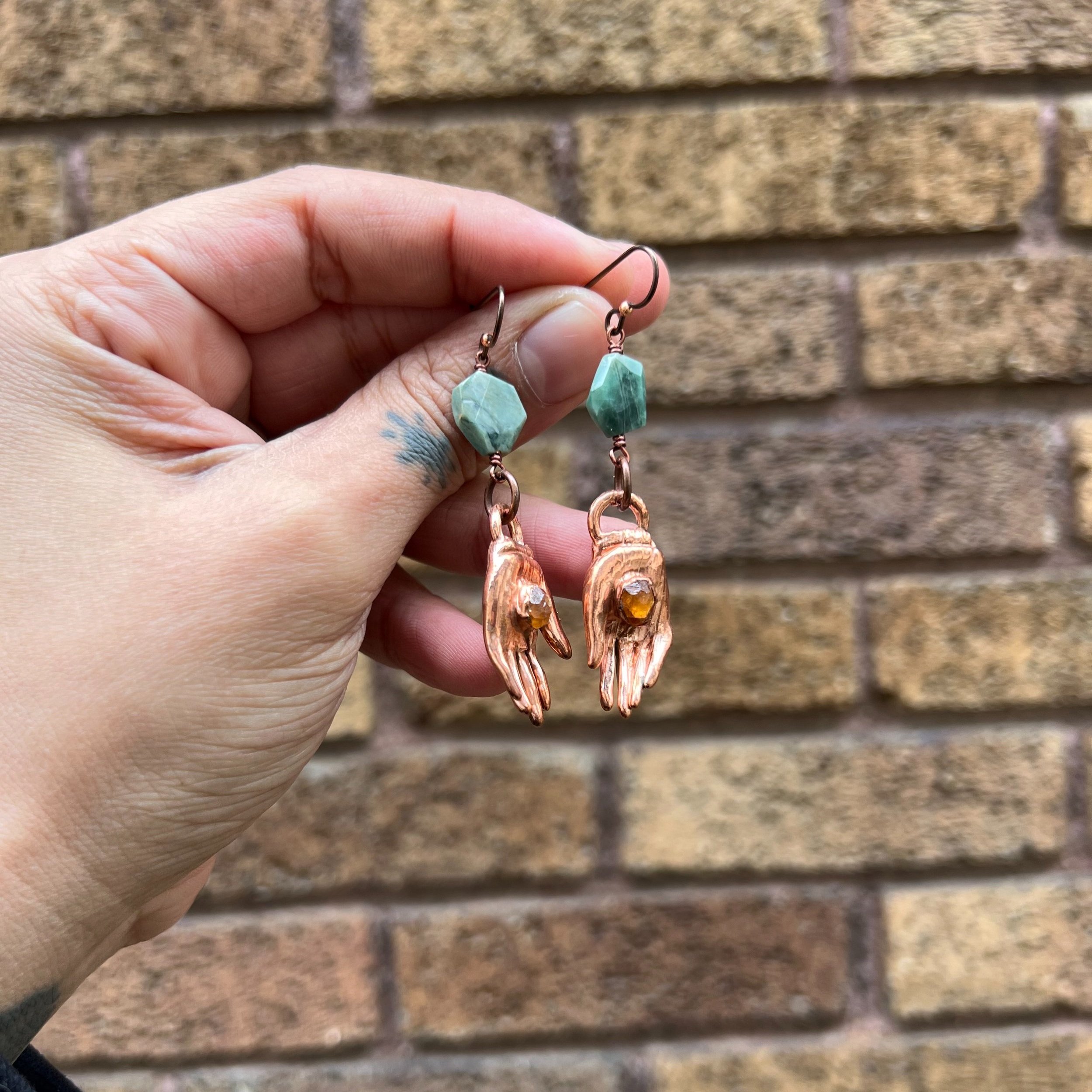 Mushroom jewelry copper outdoorsy forager gifts nature lover mushroom art festival jewelry electroformed handmade quartz point earrings niobium hand sculpted hand earrings hamsa