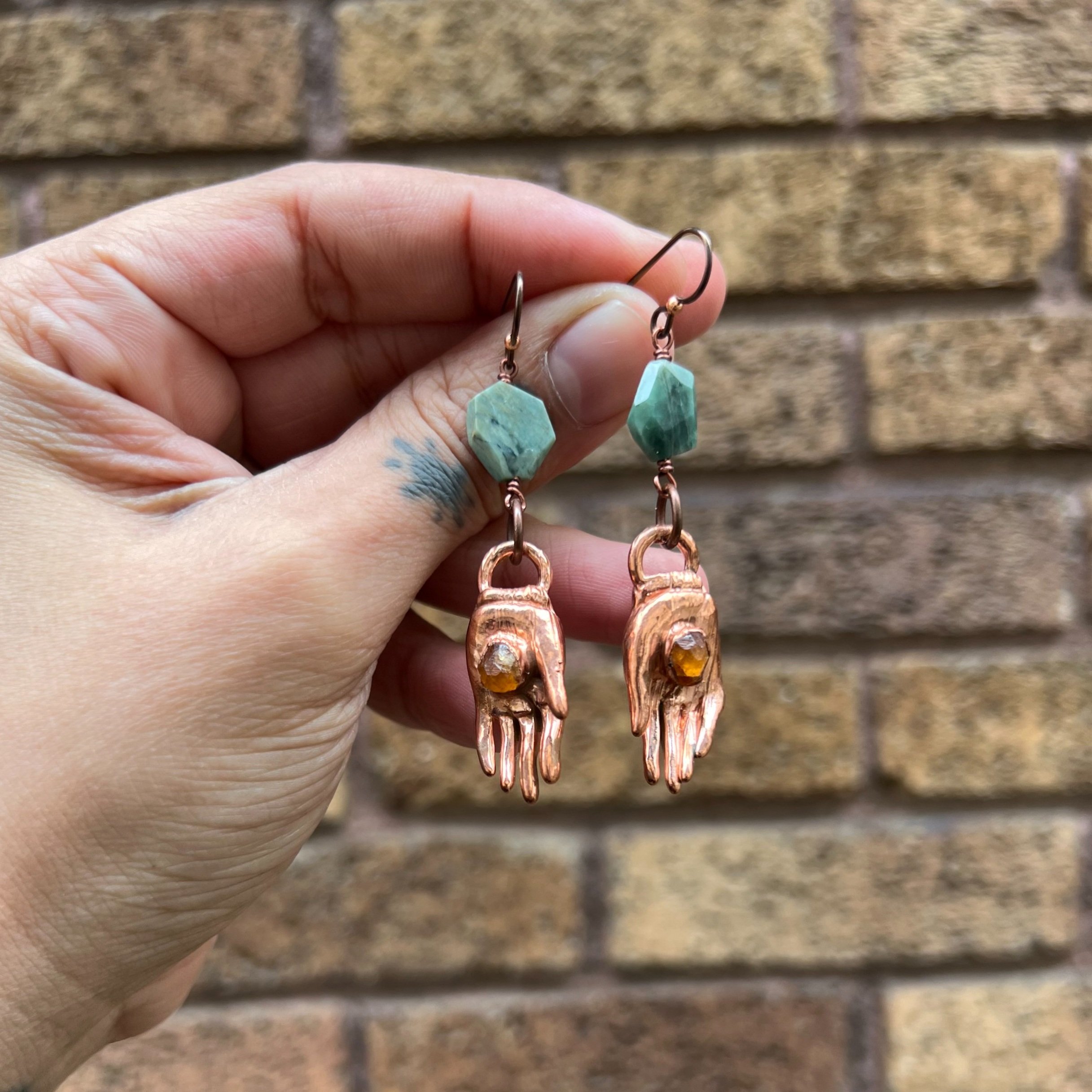 Mushroom jewelry copper outdoorsy forager gifts nature lover mushroom art festival jewelry electroformed handmade quartz point earrings niobium hand sculpted hand earrings hamsa