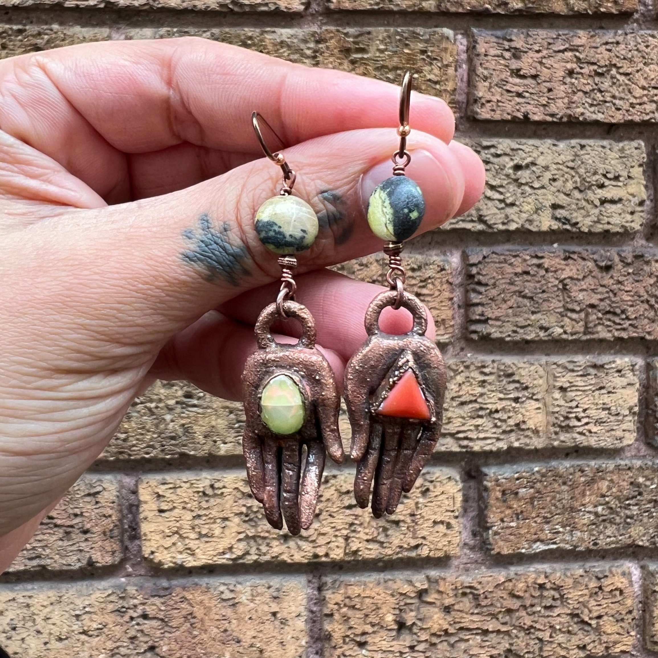 Mushroom jewelry copper outdoorsy forager gifts nature lover mushroom art festival jewelry electroformed handmade quartz point earrings niobium hand sculpted hand earrings hamsa