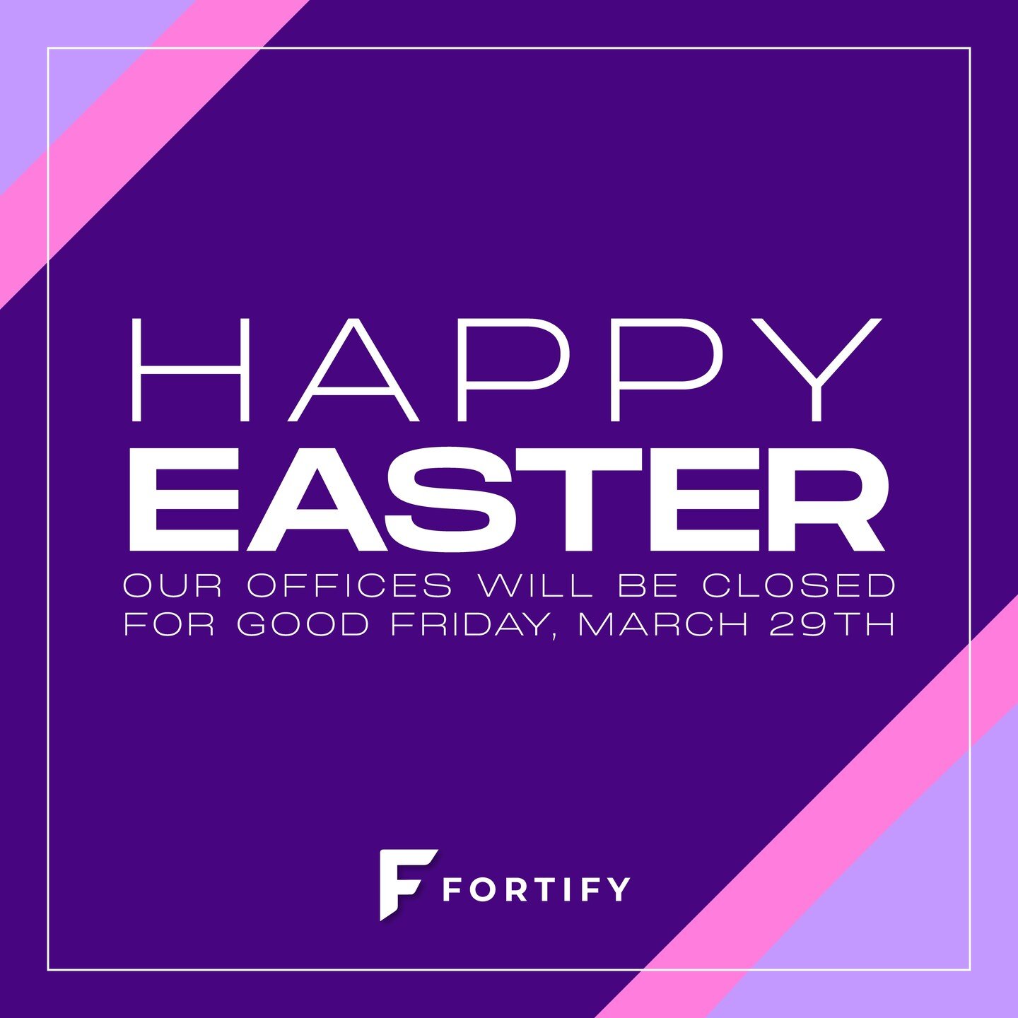 Our Fortify office will be closed tomorrow, March 29th, for Good Friday. 
 
Wishing everyone a Happy Easter and a great long weekend! 
 
#easter #holiday #communications #technology #EveryBusinessFortified
