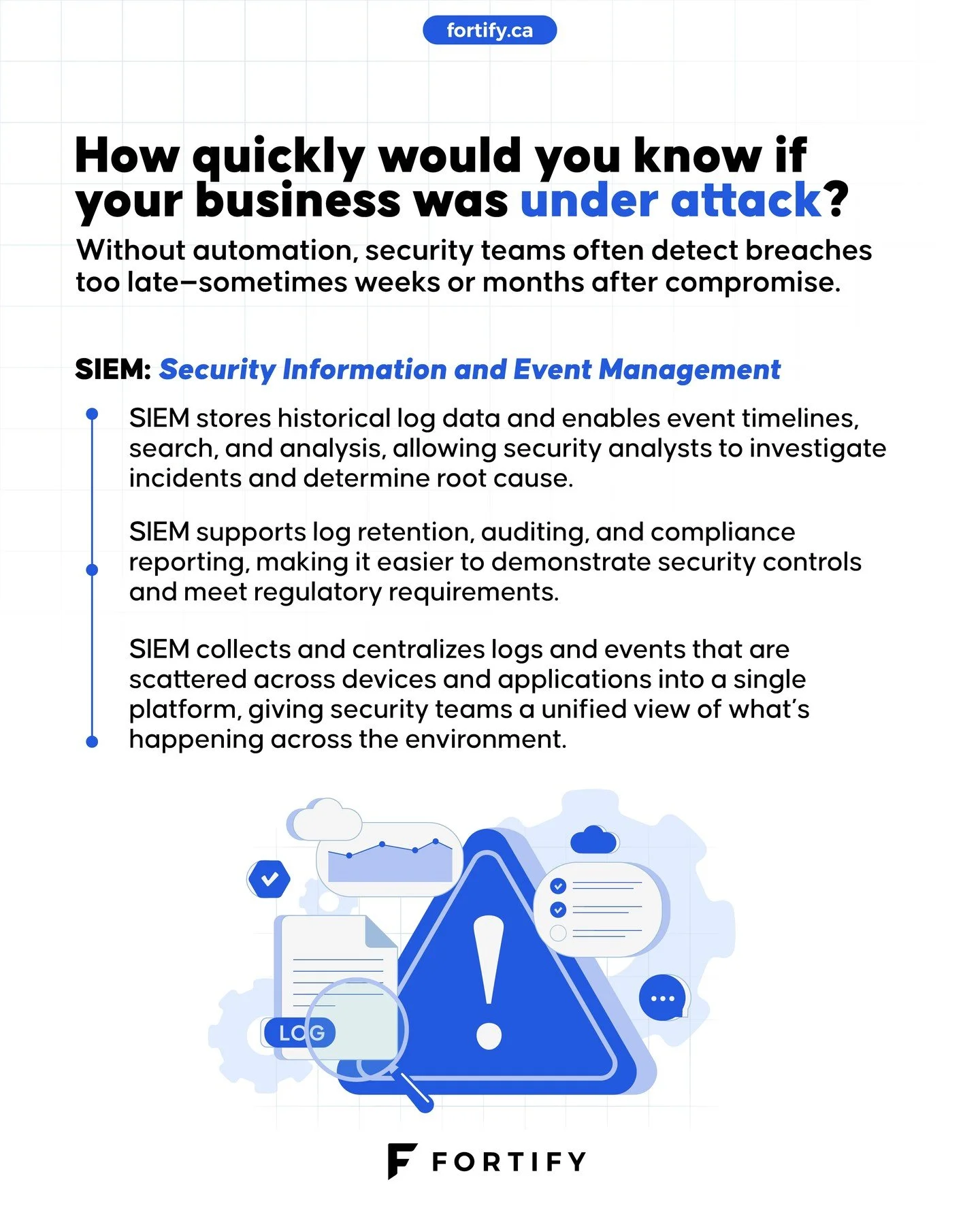 SIEM: 
🔹 See More. 
🔹 Detect Faster. 
🔹 Respond Smarter.
 
fortify.ca
 
#EveryBusinessFortified #cybersecurity #SIEM