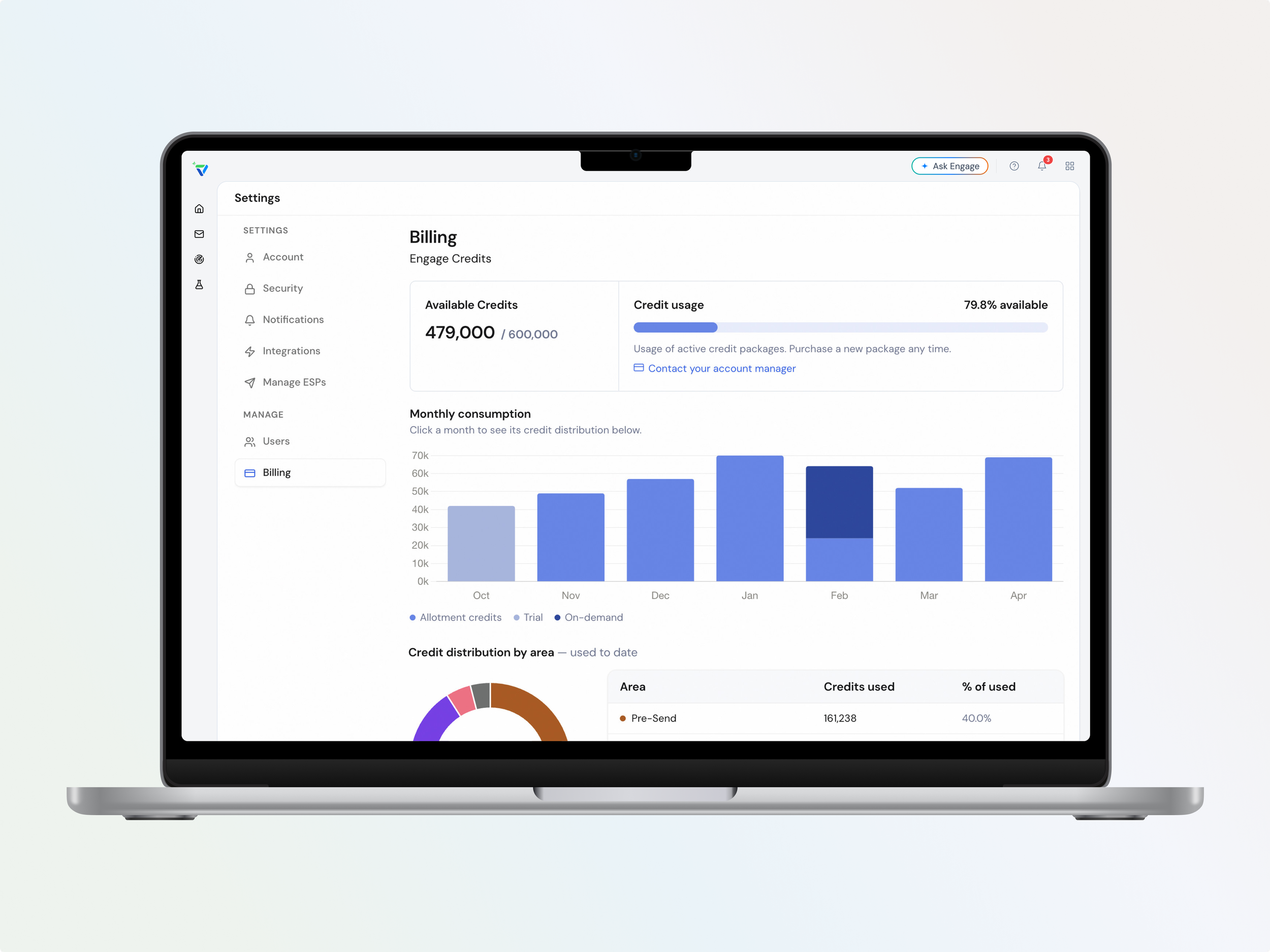 an image of the billing & credit usage page within ValidityEngage