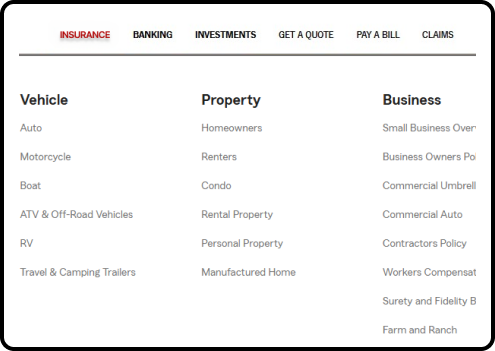 Anonymized 2019 expanded navigation panel showing grouped product categories