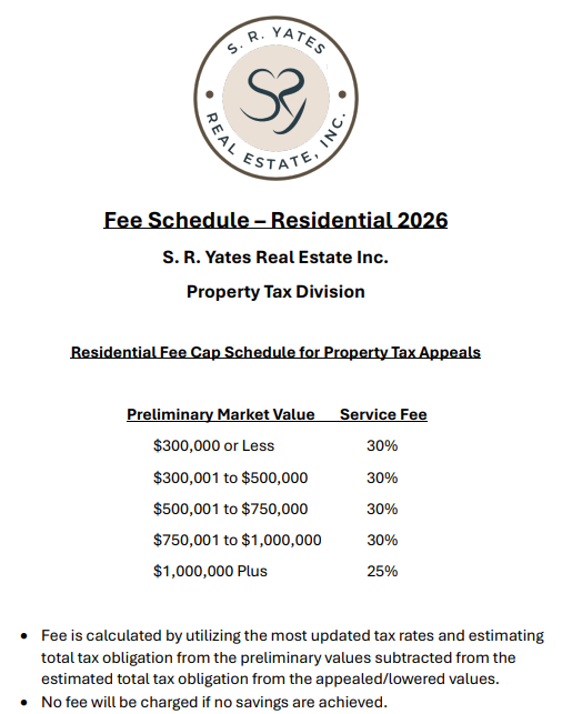 Fee Schedule for Residential Property Tax Appeals by S. R. Yates Real Estate Inc., 2026, with tiers based on market value, and service fees.